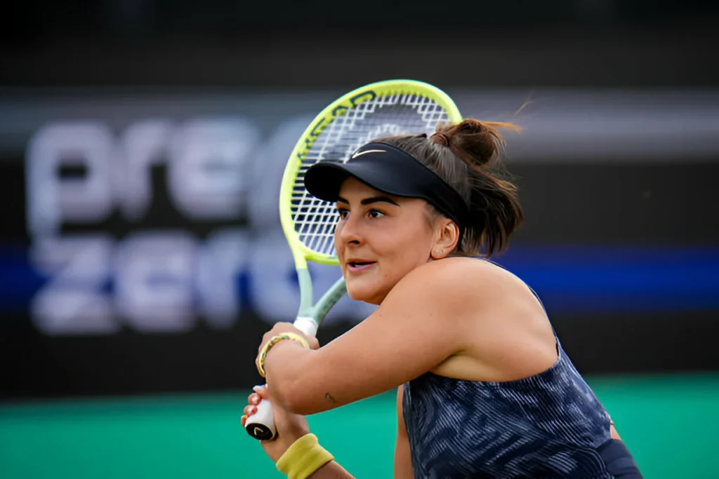 'S-HERTOGENBOSCH, NETHERLANDS - JUNE 15: Bianca Andreescu of Canada plays a backhand in her women's singles semi final match against Dalma Galfi of Hungary on Day 6 of the Libema Open Grass Court Championships at the Autotron on June 15, 2024 in 's-Hertogenbosch, Netherlands. (Photo by Rene Nijhuis/BSR Agency/Getty Images)