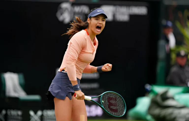 Emma Raducanu reacts after losing the second set during the women's semi-final match against Katie Boulter on day seven of the Rothesay Open at the Lexus Nottingham Tennis Centre, Nottingham. Picture date: Sunday June 16, 2024. (Photo by Mike Egerton/PA Images via Getty Images)