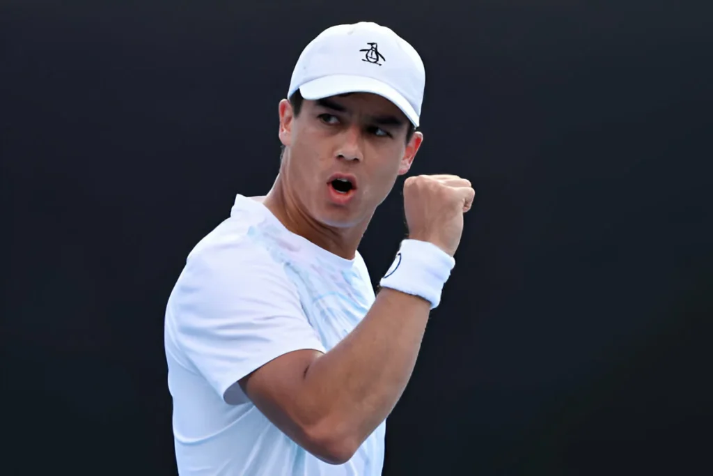 USA's Mackenzie McDonald reacts after a point against during his men's singles match against China's Shang Juncheng on day three of the Australian Open tennis tournament in Melbourne on January 16, 2024. (Photo by David GRAY / AFP) / -- IMAGE RESTRICTED TO EDITORIAL USE - STRICTLY NO COMMERCIAL USE -- (Photo by DAVID GRAY/AFP via Getty Images)