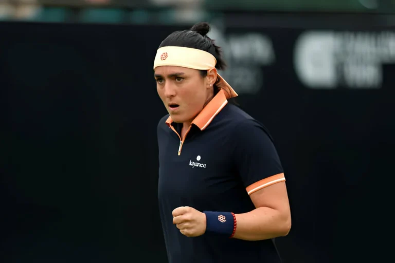 NOTTINGHAM, ENGLAND - JUNE 11: Ons Jabeur of Tunisia celebrates against Camila Osorio of Columbia during the Women's Round of 32 match on Day Two of the Rothesay Open Nottingham at Lexus Nottingham Tennis Centre on June 11, 2024 in Nottingham, England. (Photo by Nathan Stirk/Getty Images for LTA)