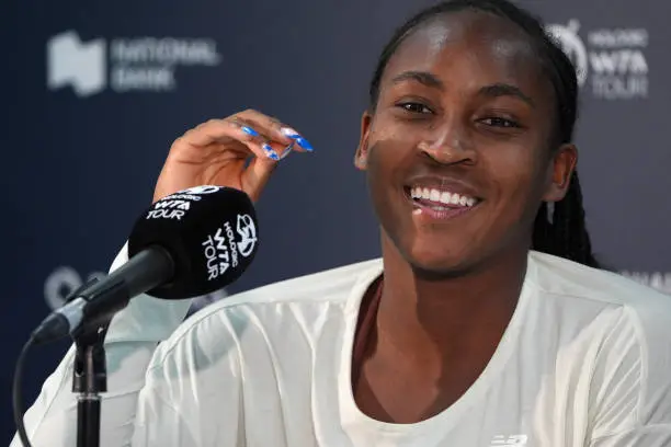 TORONTO, CANADA - AUGUST 5 : Coco Gauff of United States speaks during a press conference ahead of National Bank Open in Toronto, Ontario on August 5, 2024. (Photo by Mert Alper Dervis/Anadolu via Getty Images)