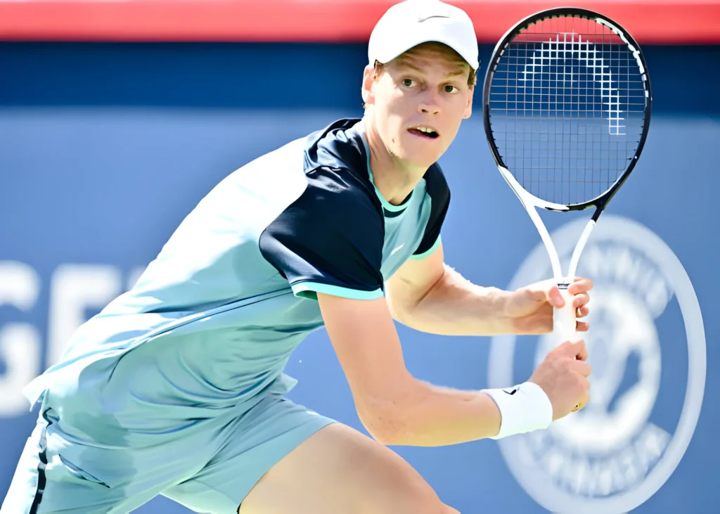 MONTREAL, CANADA - AUGUST 10: Jannik Sinner of Italy runs across the court against Alejandro Tabilo of Chile in the Men's Singles third round match during Day Five of the ATP Masters 1000 National Bank Open at Stade IGA on August 10, 2024 in Montreal, Canada. (Photo by Minas Panagiotakis/Getty Images)