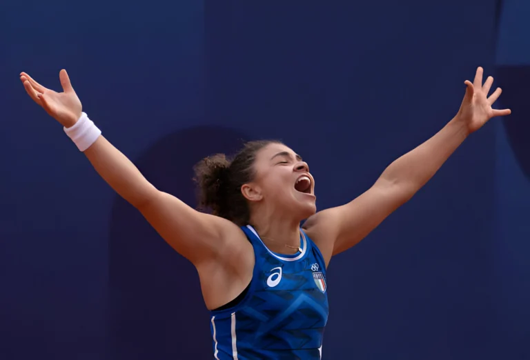 Jasmine Paolini of Team Italy celebrate match point during the Women's Doubles Gold medal match against Mirra Andreeva and Diana Shnaider of Team Individual Neutral Athletes on day nine of the Olympic Games Paris 2024 at Roland Garros on August 04, 2024 in Paris, France. (Photo by Tnani Badreddine/DeFodi Images via Getty Images)