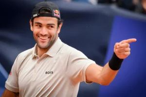 Italy's Matteo Berrettini reacts after winning the final match against France's Quentin Halys at the Swiss Open tennis tournament in Gstaad, on July 21, 2024. (Photo by GABRIEL MONNET / AFP) (Photo by GABRIEL MONNET/AFP via Getty Images)